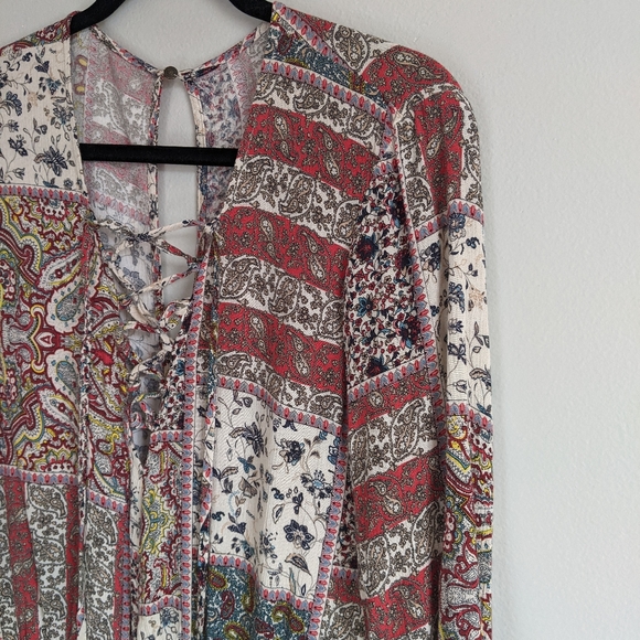 (AEO) Red White Boho Lace-up Romper Small - Picture 8 of 14